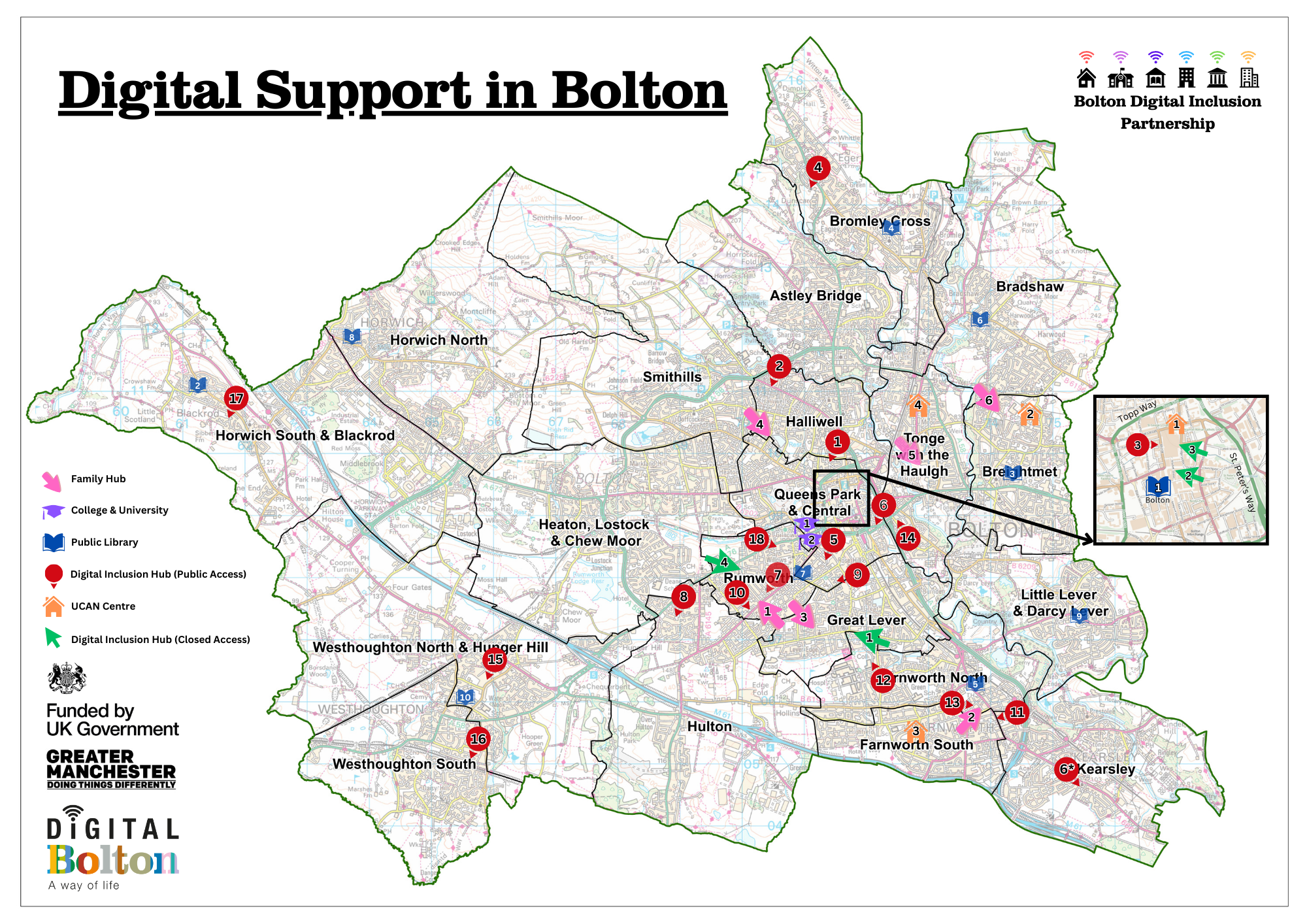 A map of Bolton, highlighting different locations that provide digital assistance.