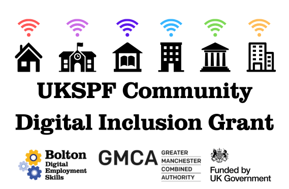 Image showing a series of graphical outlines of buildings, with coloured wi-fi signals above and the text UKSPF Community Digital Inclusion Grant. There are also logos for Bolton DES, GMCA and the UK Government