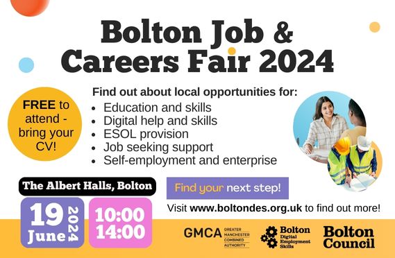 Colourful graphic advertising Bolton Job and Careers Fair 2024