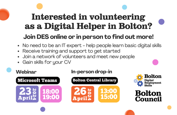 Digital Helper graphic, advertising the volunteer events with their respective dates and times.